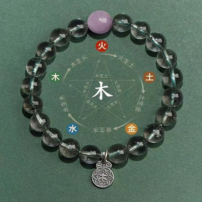 Men and Women's Five-Bracelet Set Golden Wood Water Fire Soil Balance Green Quartz Crystal Bangles