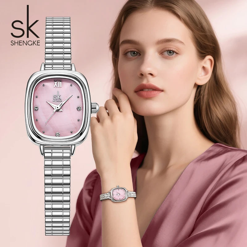 Shengke Women's Luxury Pink Pearl Dial Watch – Elegant Square Case Quartz Wristwatch, Minimalist Ladies Gift for Women