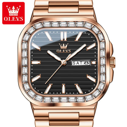 OLEVS 9966 Men's Rose Gold Watch - Square Dial, Quartz Movement, Waterproof, Week & Date Display