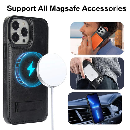 Luxury Leather Strong Magnetic Wireless Charging Mobile Case for iPhone 15 14 12 Pro Max Kickstand Phone Case
