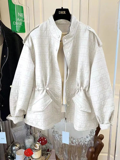 Women’s Autumn Premium Windbreaker Coat – Stand Collar, Drawstring Waist, Quilted Lingge Design