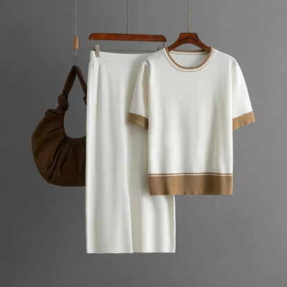 Women's Casual Two-Piece Set – Color-Block Round-Neck Short-Sleeve Knitted Top & Matching Bottom Beth