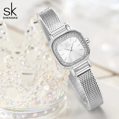 Shengke Women's Luxury Square Dial Quartz Watch – Fashion Black Stainless Steel Mesh Band Wristwatch for Ladies