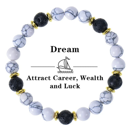 Handmade 8mm White Howlite & Lava Stone Beaded Bracelet | Natural Stone Jewelry for Career, Wealth, Luck & Personal Meaning Lilia