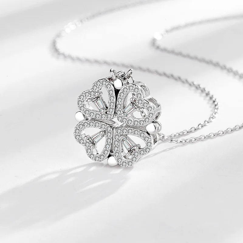 925 Sterling Silver Magnetic Four-Leaf Clover Necklace – Heart-Shaped Pendant Love Jewelry for Women and Girls Gift Cimorene