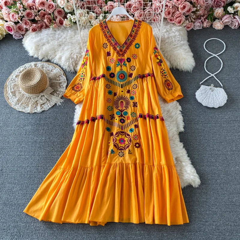 Women's Dress Bohemian Embroidered V-Neck Beach Dress – Summer Vacation Loose Fit Ethnic Style