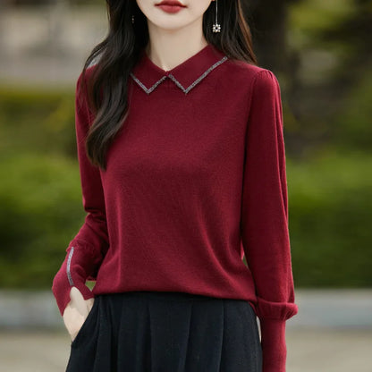 Women’s Autumn Lantern Sleeve Knitted Sweater – Casual Versatile Pullover with Fashion Collar