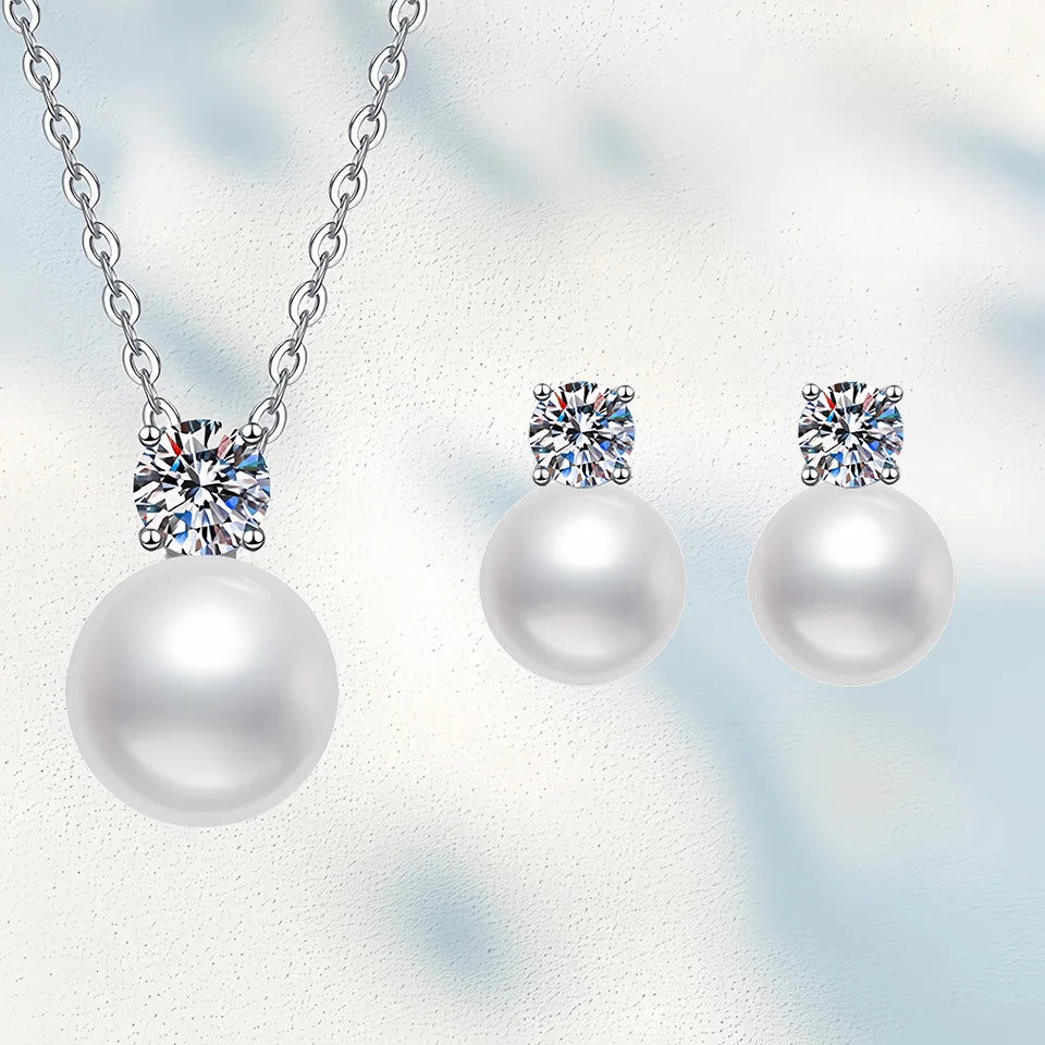 S925 Sterling Silver Moissanite & Pearl Jewelry Set – 0.5ct D Color VVS1 Earrings & Necklace for Women