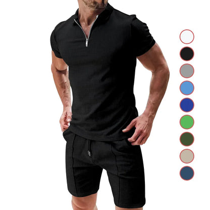 Men's Summer Polo Shirt Set | Solid Color Waffle Short-Sleeve Slim Lapel T-Shirt & Casual Outfit Carlo