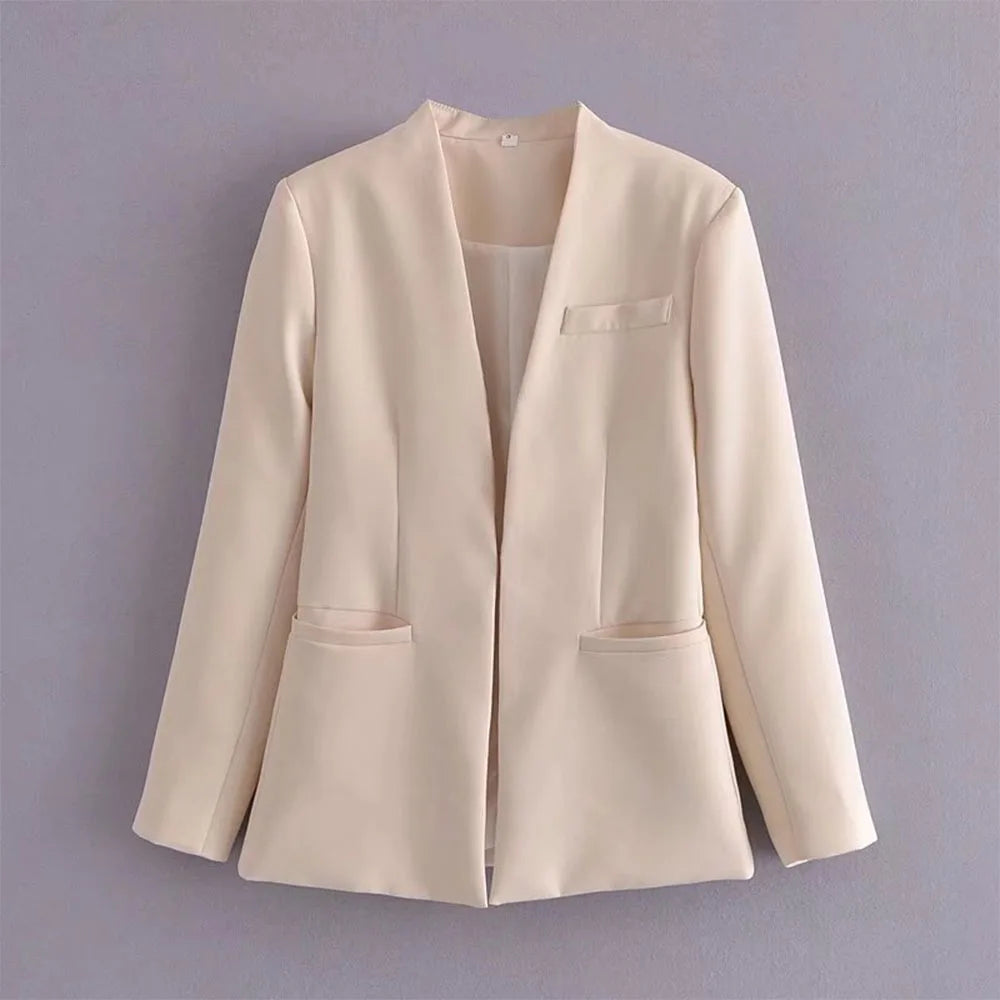 Women's Casual Long Sleeve Suit Jacket - All-Match Lapel-Free Blazer with Shoulder Pads Clemence