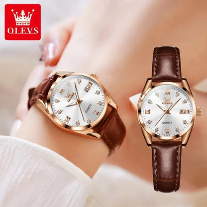 OLEVS 5522 Women's Luxury Wristwatch – Simple Dial, Date Calendar, Leather Strap, Waterproof & Luminous Design Rhoda