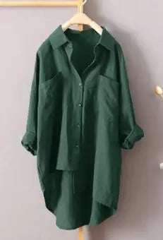 Women Long Sleeve Cotton Linen Loose Shirts Lapel Collar Pockets Solid Color Single Breasted Button Blouse