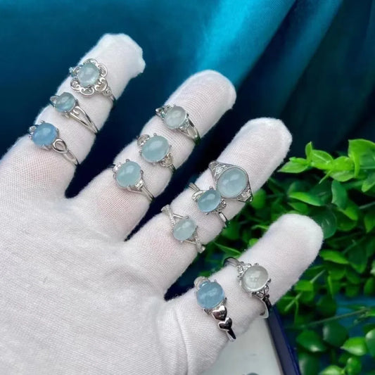 White Copper Silver-Plated Gemstone Rings – Resizable Aquamarine Crystal Finger Rings | Unique Gift for All Occasions