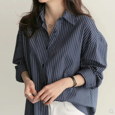 Women’s Spring and Autumn Cotton Striped Blouse – Loose Casual Long Sleeve V-Neck Button-Up Shirt with Lapel Design Ciara
