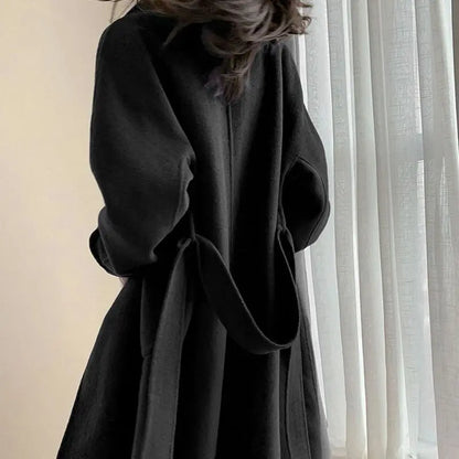 Women's Long Wool Coat – Elegant Solid Color Lapel V-Neck Midi Overcoat Victoria
