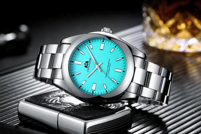 PAULAREIS Luxury Men’s Automatic Watch – Luminous Sky Blue Dial, Waterproof Mechanical Wristwatch with Stainless Steel Band Allen