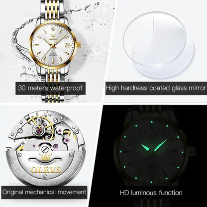 Olevs 6635 Automatic Luxury Watch - Women's Stainless Steel Strap, Classic Fashion Design, Mechanical Movement with Calendar & Date