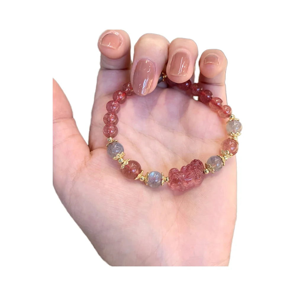 Strawberry Quartz Pi Xiu Bracelet for Women – Natural Crystal Bracelet with Red Woven Strap | Perfect Gift for Girlfriends