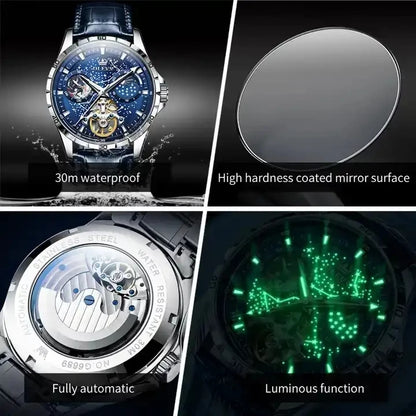 OLEVS 6689 Men's Automatic Mechanical Watch – Luxury Skeleton Design with Starry Sky Dial, Multifunctional Features, Stainless Steel, and Leather Strap