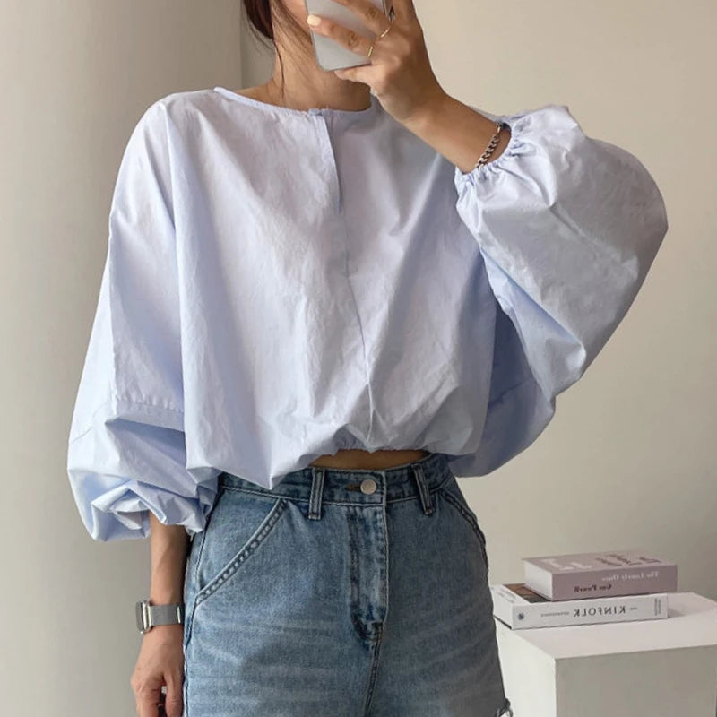 Women's Summer French Style Loose Bubble Sleeve Shirt - Round Neck, Solid Color, Casual Sunscreen Top