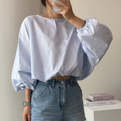 Women's Summer French Style Loose Bubble Sleeve Shirt - Round Neck, Solid Color, Casual Sunscreen Top