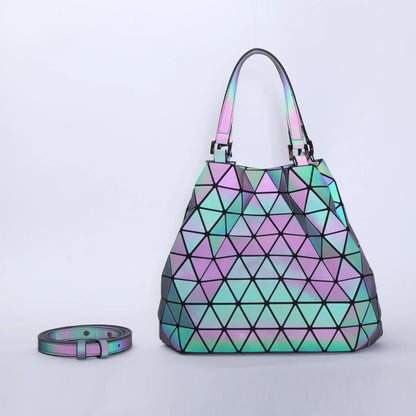 Reflective Geometric Handbag - Customizable Bucket Bag with Luminous Folding Design Dahlia
