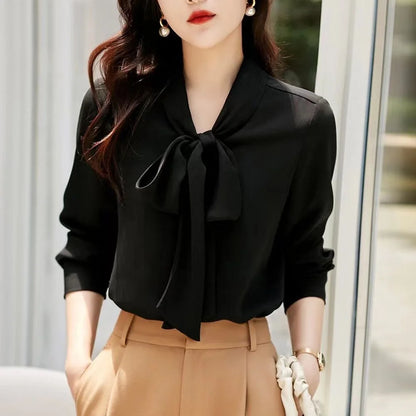 Women's Solid Color Bow Tie Blouse - Long Sleeve Casual Shirt, High-Quality Pullover Top