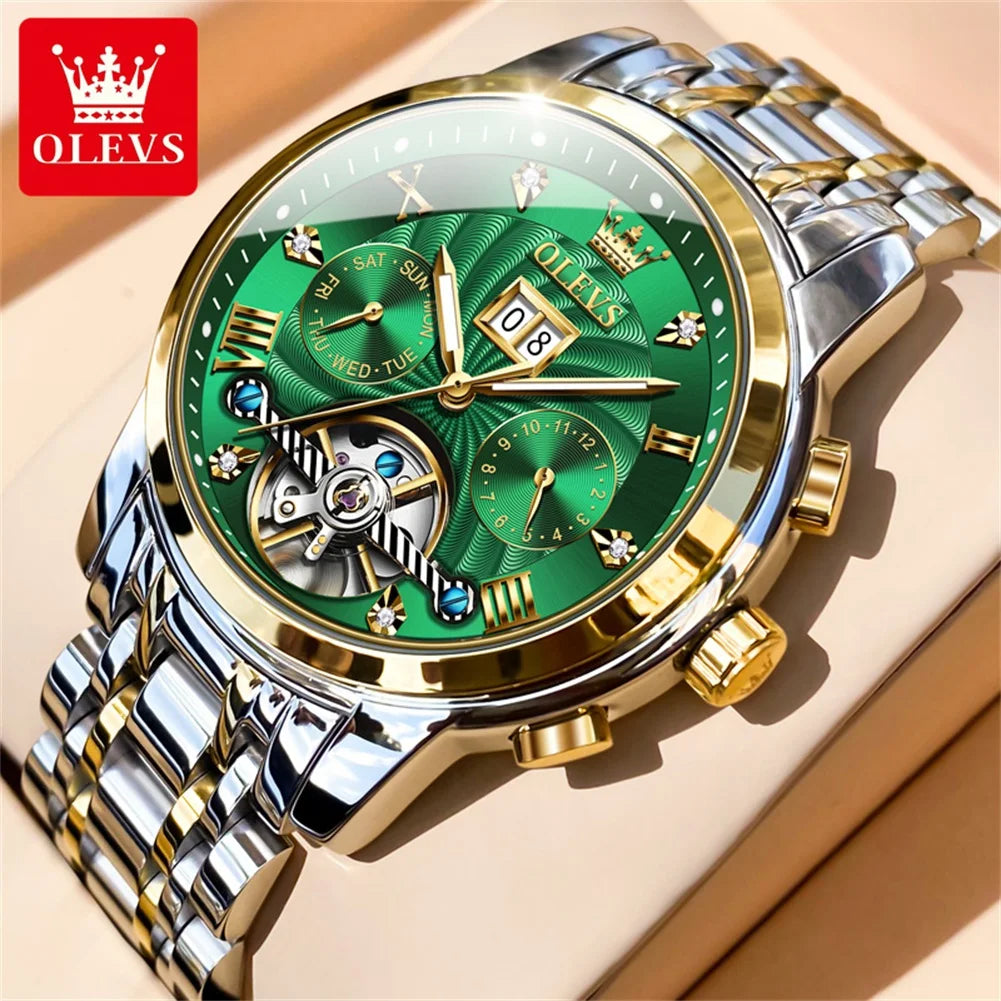 OLEVS 6617 Men's Tourbillon Watch - Classic Business Style, Stainless Steel Band, Skeleton Dial, Automatic Mechanical Wristwatch