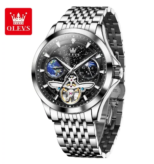 OLEVS 6705 Men's Automatic Watch – Luminous Waterproof Timepiece with Starry Sky Dial & Moon Phase Design
