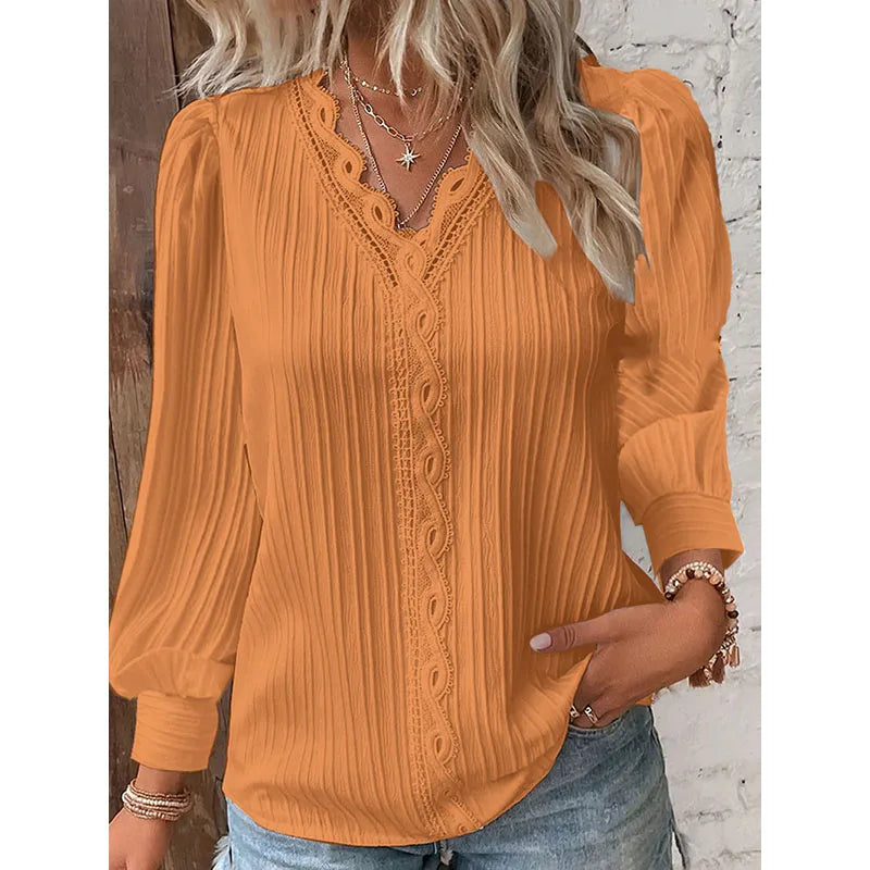 Women's White Lace V-Neck Blouse - Long Sleeve Casual Shirt Jenna