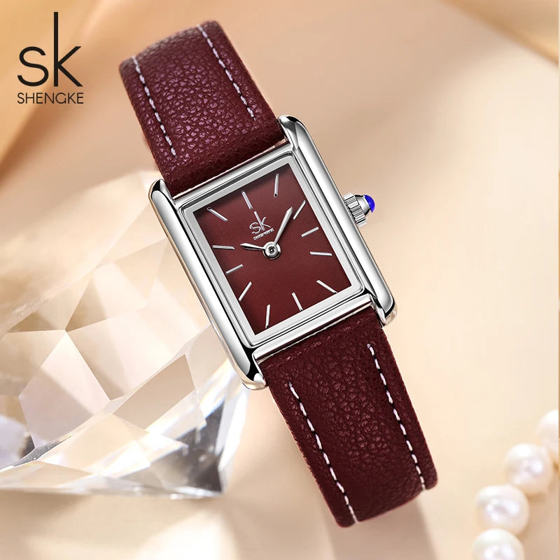 Shengke Women’s Silver Leather Watch – Elegant Ladies’ Quartz Wristwatch with Gift Box Temperance