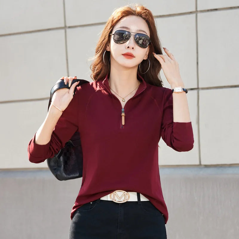 Women's Spring T-Shirt - Zipper Lapel Stand Collar, New Style