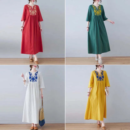 Women's Ethnic-Style V-Neck Embroidered Dress – Loose-Fit, 3/4 Sleeves, Mid-Length Summer Fashion