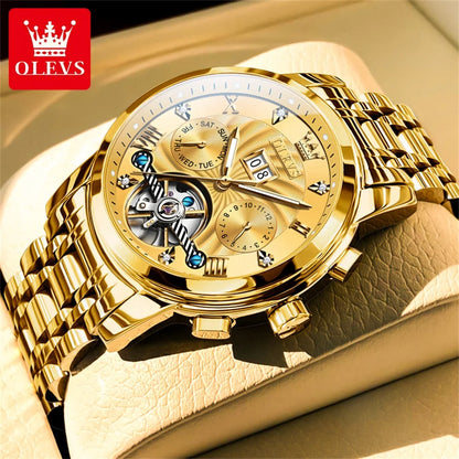 OLEVS 9910 Men's Luxury Tourbillon Watch - Automatic Mechanical, Stainless Steel Strap, Waterproof, Luminous Dial, Auto Date Display, Business Style