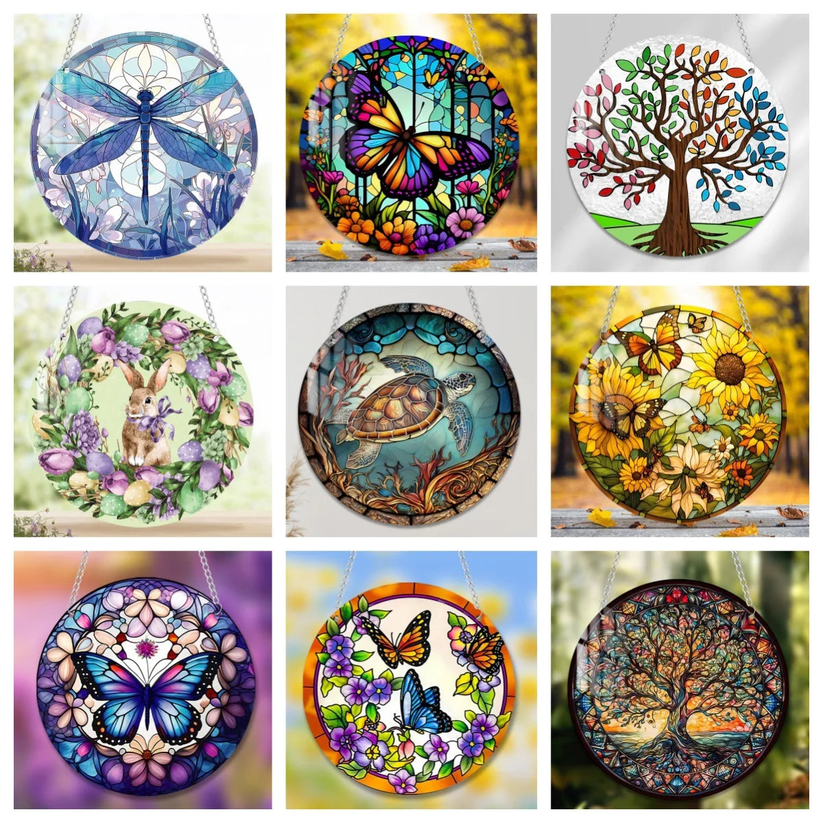Tree of Life Suncatcher – 15cm Round Dyed Acrylic Window Hanging with Metal Chain, Peaceful Home Decor Gift