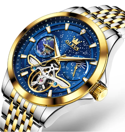 OLEVS 6705 Men's Automatic Watch – Luminous Waterproof Timepiece with Starry Sky Dial & Moon Phase Design