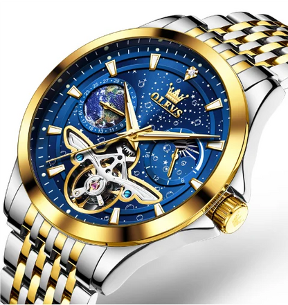 OLEVS 6705 Men's Automatic Watch – Luminous Waterproof Timepiece with Starry Sky Dial & Moon Phase Design