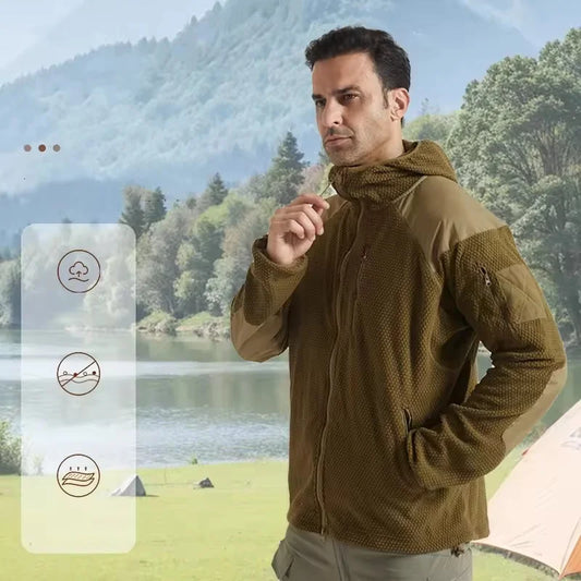 Men's Plaid Fleece Tactical Jacket – Warm Hooded Coat for Winter Hiking & Camping Tyrion