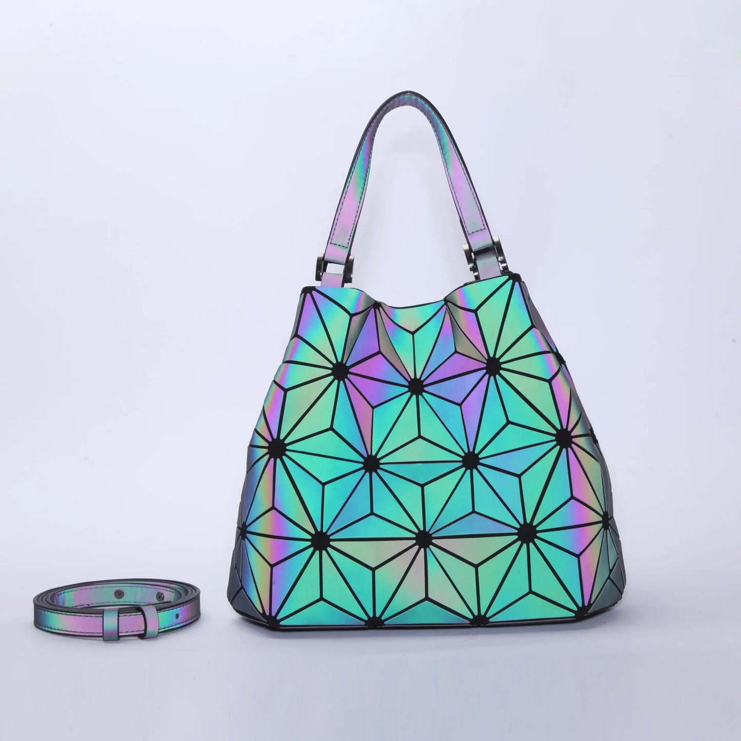 Reflective Geometric Handbag - Customizable Bucket Bag with Luminous Folding Design Dahlia