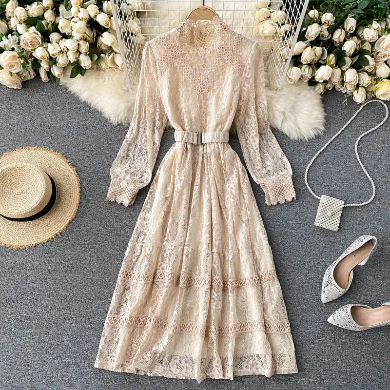 Women's Fall Winter Long-Sleeve Lace Midi Dress – Elegant Hollow-Out Design with Stand Collar and Empire Waist