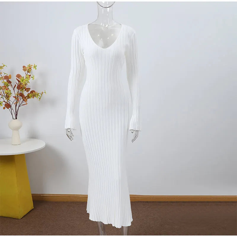 Elegant Ribbed Knit A-Line Maxi Dress for Women – Fall Winter V-Neck Long Dress | Simple & Chic Style Alexa