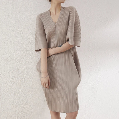Summer Pleated V-Neck Dress | Miyake Style Mid-Length Loose Fit Plus Size Casual Women's Clothing Stella