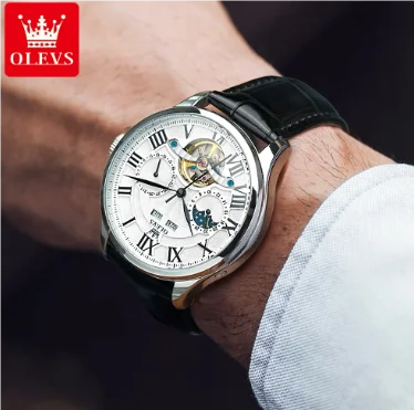 OLEVS 7013 Men's Moon Phase Mechanical Watch – Roman Scale, Hollow Flywheel, Waterproof Automatic Timepiece
