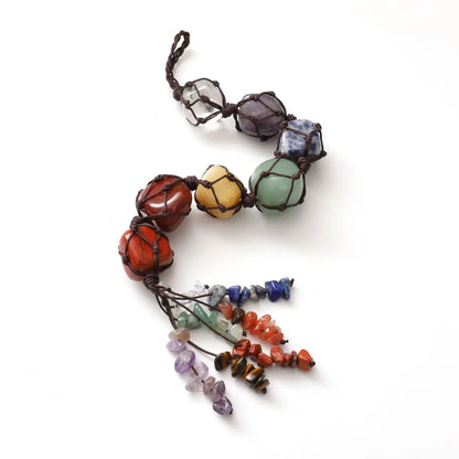 7 Chakra Irregular Natural Stone Pendant – Multicolor Handwoven Seven Chakra Energy Healing Crystal Gemstone Car Charm