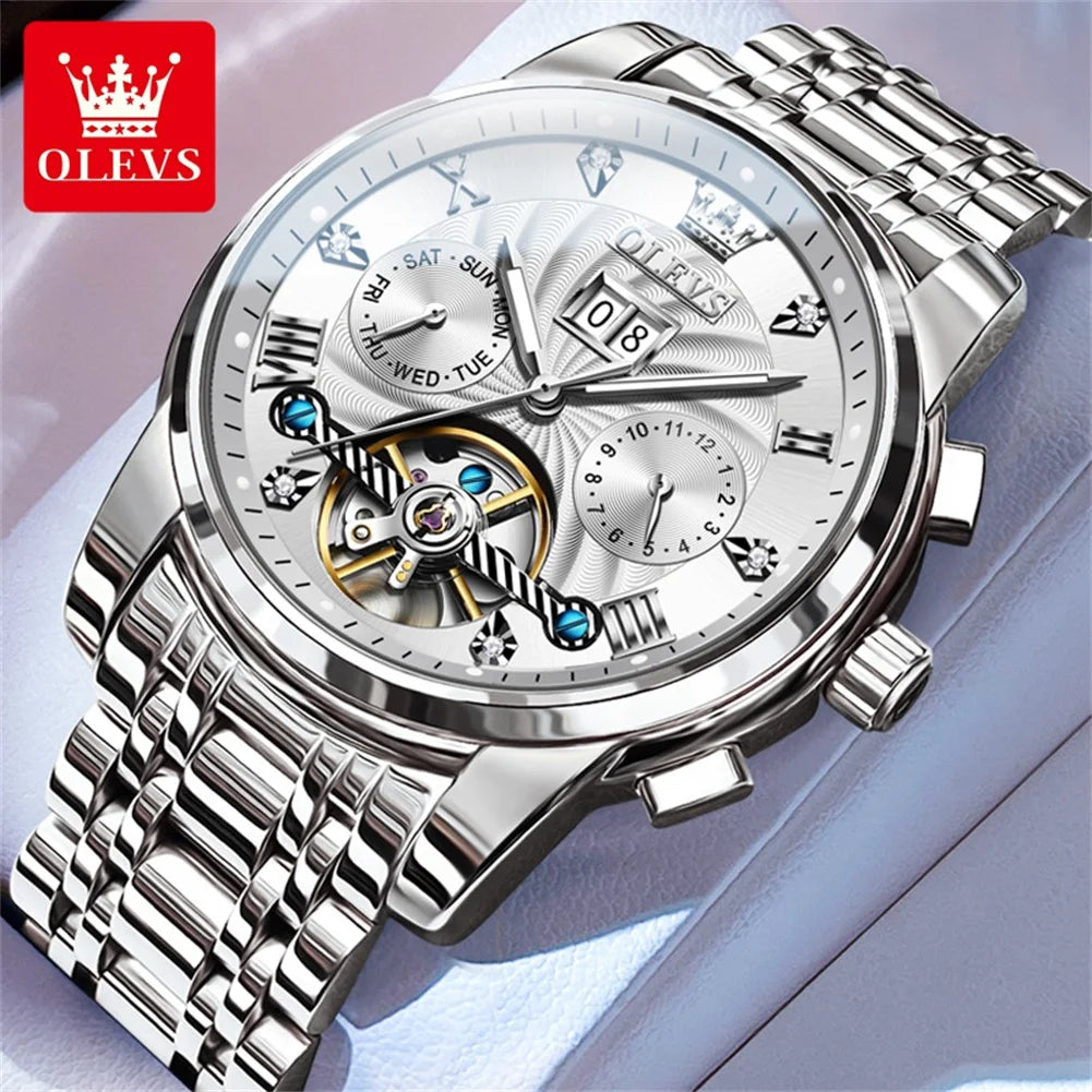 OLEVS 9910 Men's Luxury Tourbillon Watch - Automatic Mechanical, Stainless Steel Strap, Waterproof, Luminous Dial, Auto Date Display, Business Style