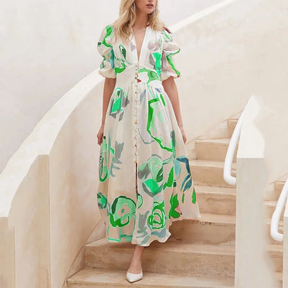 Women Summer Casual Chiffon Floral Print V Neck A-line Maxi Long Beach Women Elegant Dress