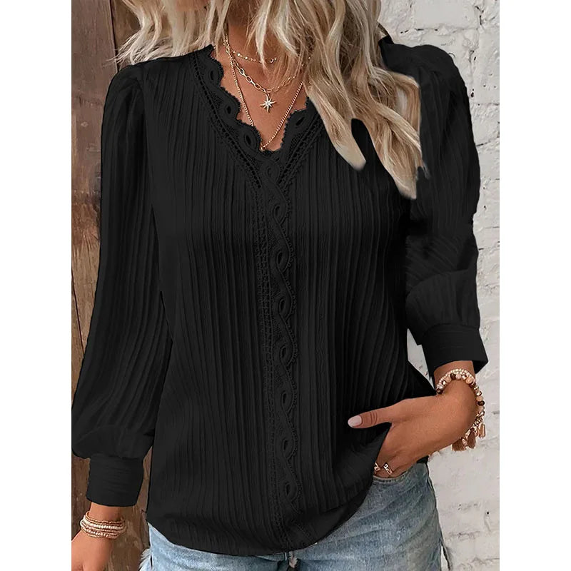 Women's White Lace V-Neck Blouse - Long Sleeve Casual Shirt Jenna