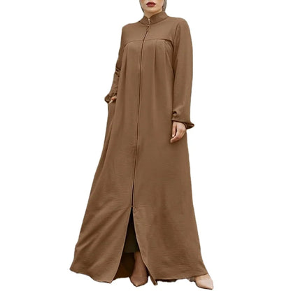 Women's Muslim Arab Style Long Dress – Elegant Abaya with Stand Collar, Zipper, Pockets, and Casual Coat Design Ameerah