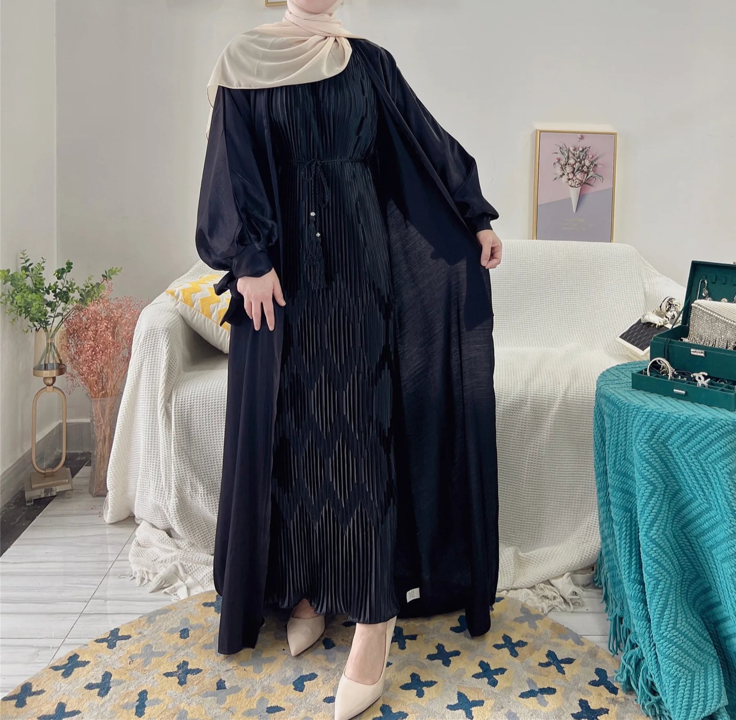 Shiny Open Abaya Cardigan – Modest Islamic Clothing for Muslim Women | Dubai & Turkey Style Dress Jameela
