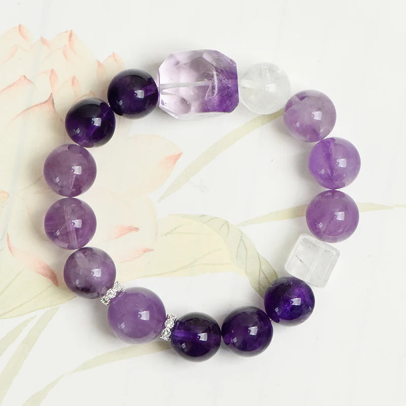Natural Clear Quartz & Amethyst Crystal Beaded Bracelet (12mm) – Elegant Spiritual Jewelry for Mental Clarity & Intuition Enhancement